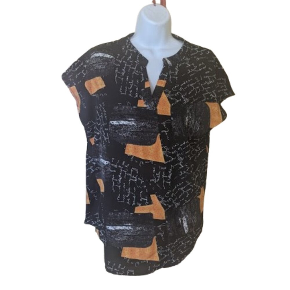 ---  Short Sleeve Black Top Blouse Button Down Shirt Orange Size Large